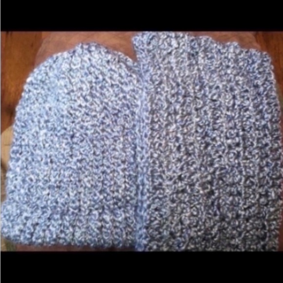 New Hand Crafted Hand Knit Hat Scarf Set Blue White Spa Headband Knitted Beanie - Picture 2 of 7